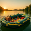 Premium inflatable boat with picnic supplies floating on a serene blue lake at sunrise, surrounded by hills and trees