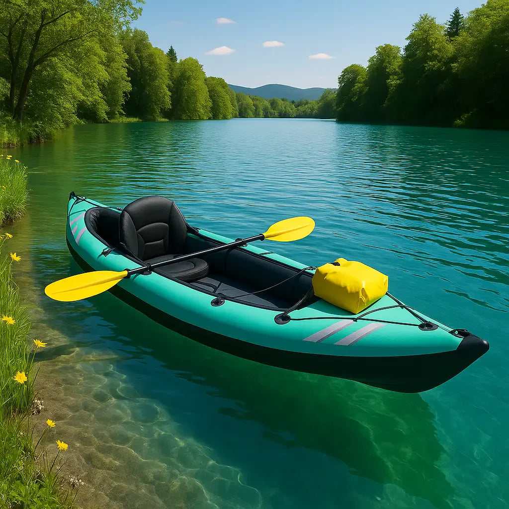 Premium blue and yellow inflatable kayak on turquoise lake with green trees, wildflowers, and distant mountains