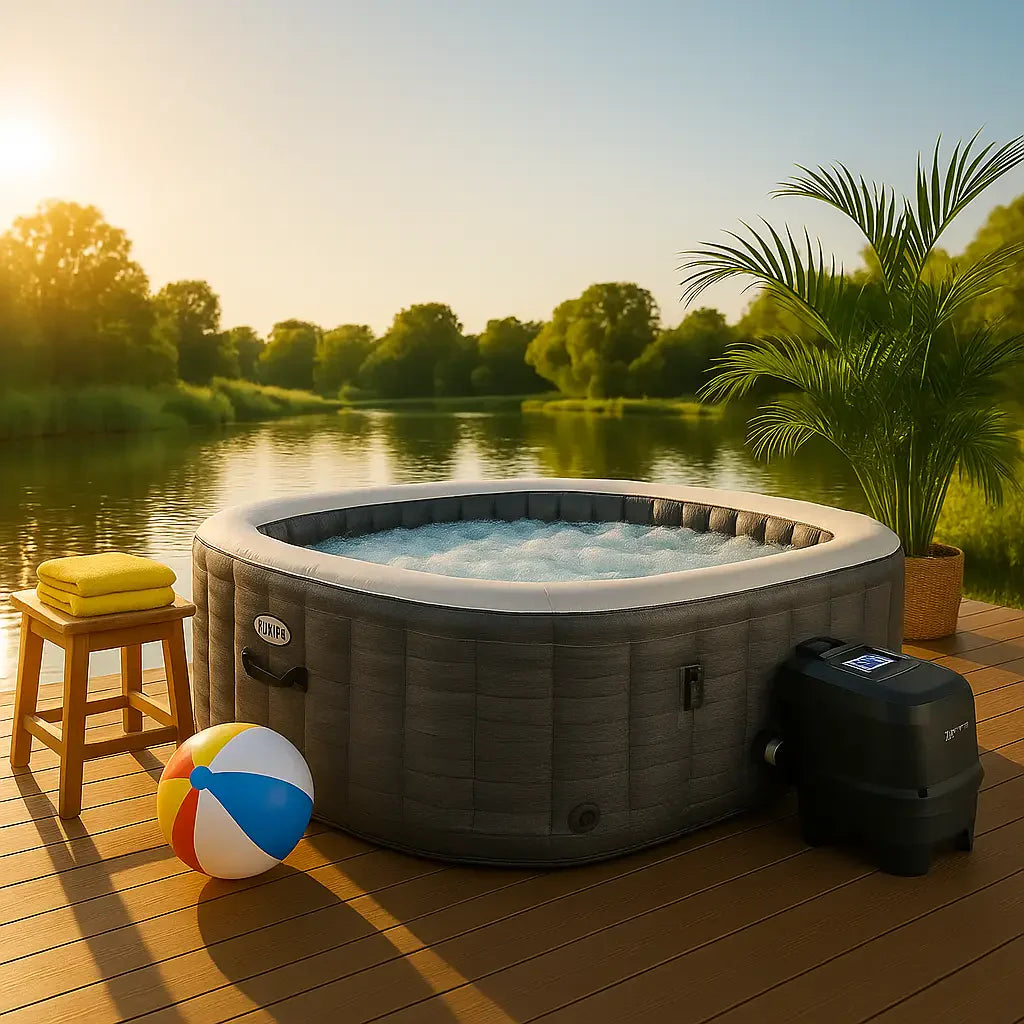 Premium inflatable hot tub on wooden deck by pond at golden hour with towels, palms, and beach ball