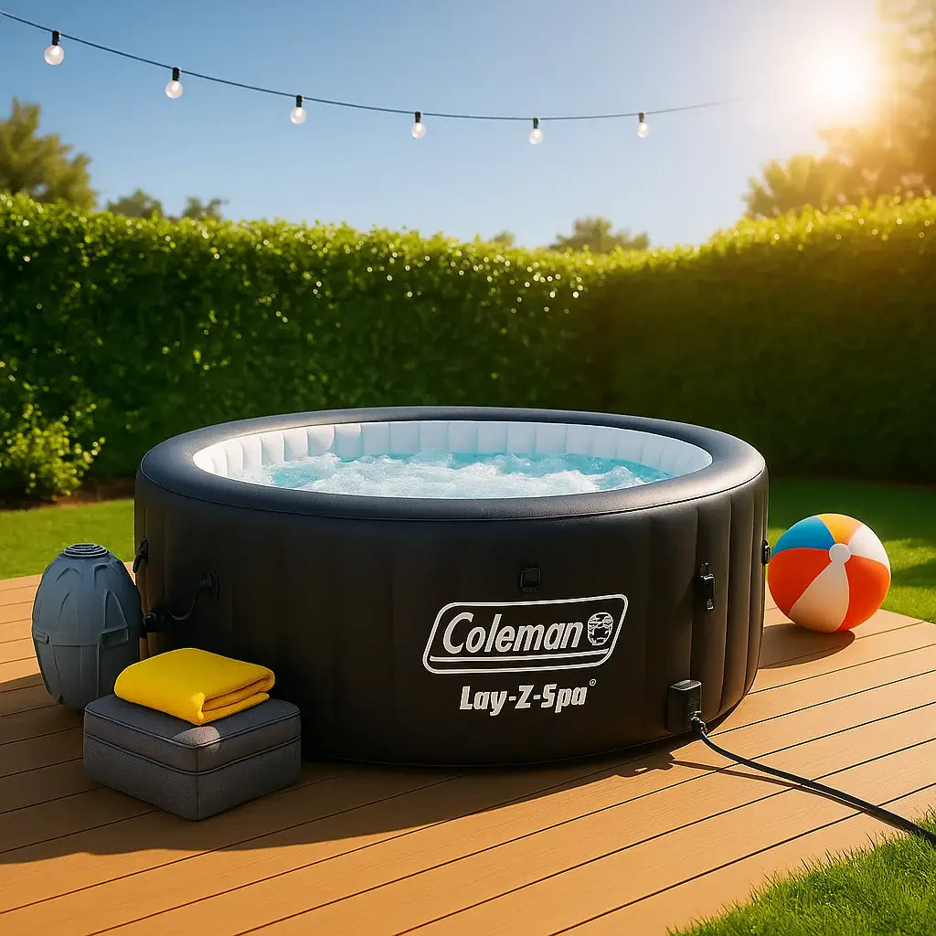 Premium inflatable hot tub on wooden deck with sunny towel, beach ball, and bright blue sky at golden hour
