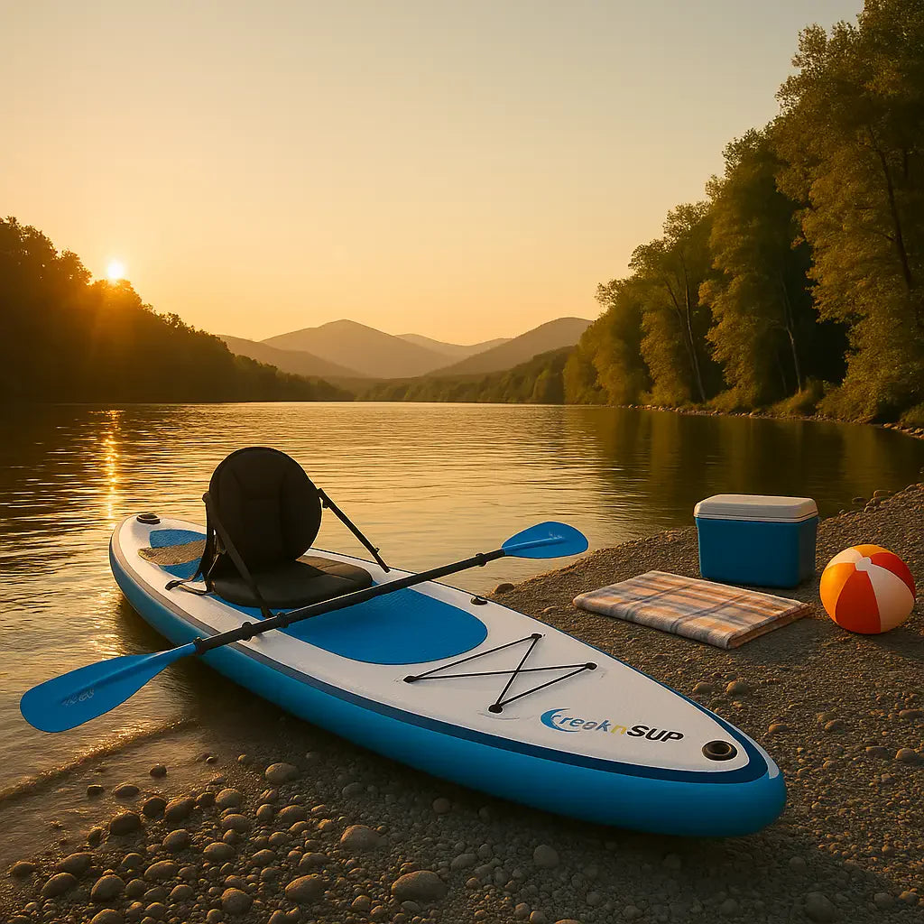 Bright blue inflatable paddle board on pebbled shore at golden hour with lake, picnic blanket and vibrant scenery