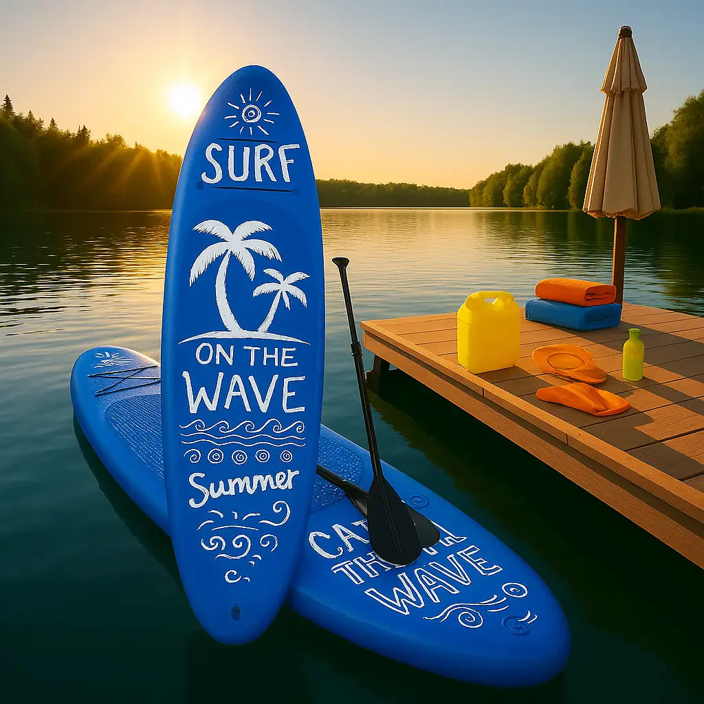 Top-tier inflatable paddle board by a dock on a serene lake at golden hour with colorful accessories