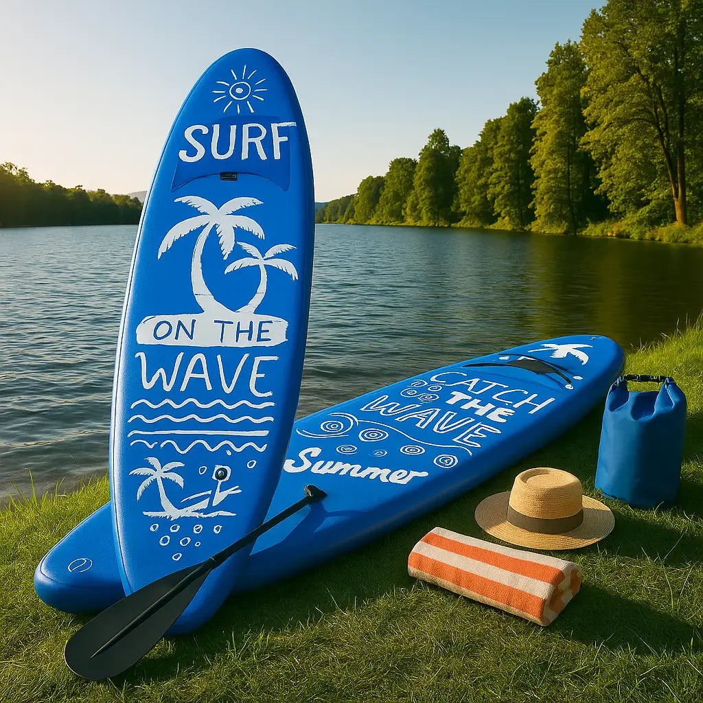 Inflatable paddle board on lakeside shore with summer sun, blue water, and adventure gear arranged nearby