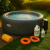 Luxurious inflatable hot tub with clean water, eco-friendly cleaners, and lush backyard at golden hour