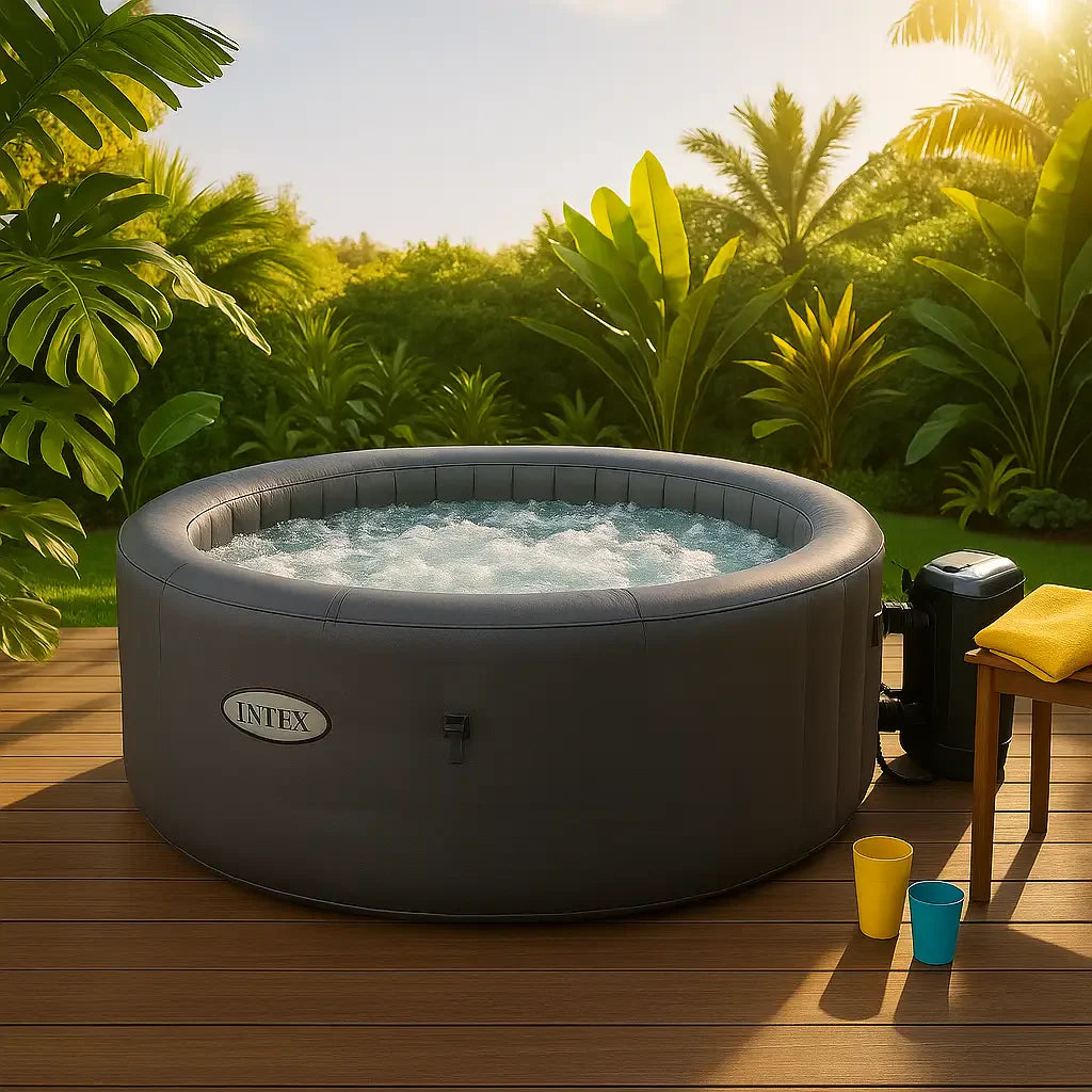 Premium inflatable hot tub on sunny backyard deck with tropical plants, yellow towel, and aqua accents at golden hour