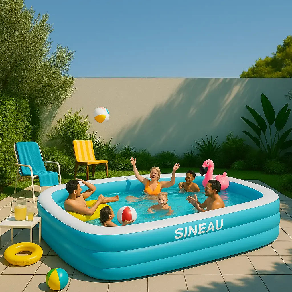 Sparkling blue inflatable pool in a sunlit modern backyard with lush greenery and inviting poolside decor