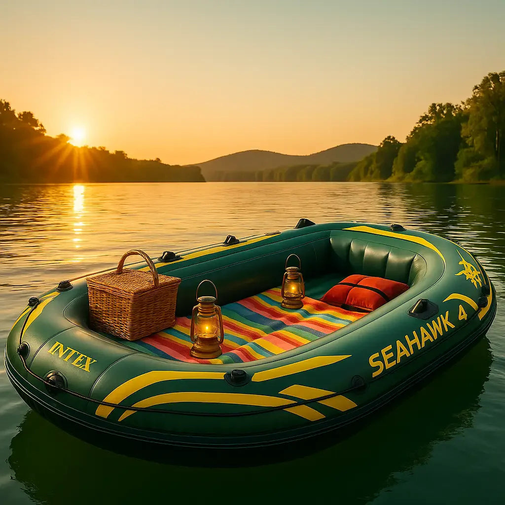 Premium inflatable boat with picnic supplies floating on a serene blue lake at sunrise, surrounded by hills and trees