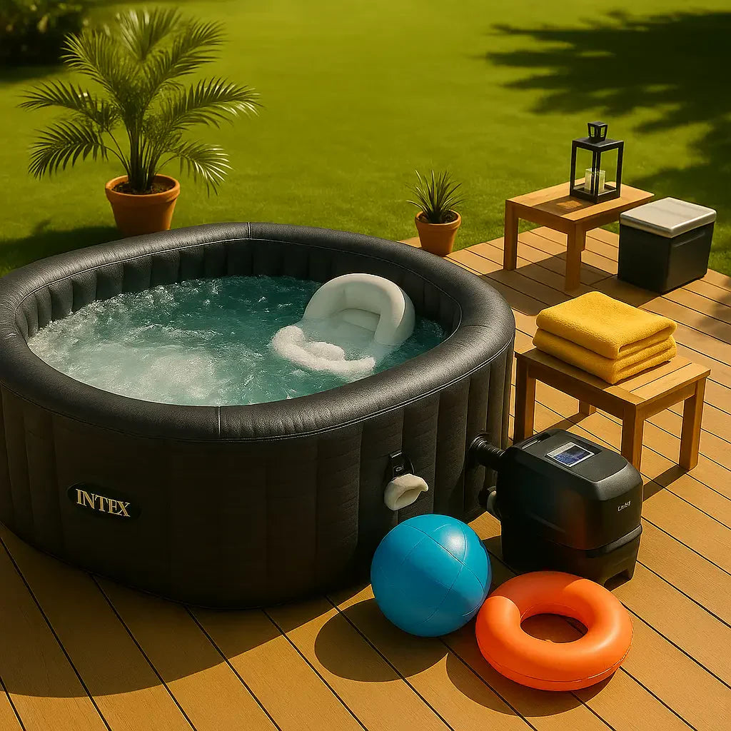 Premium inflatable hot tub on sunlit backyard deck with clear water, towels, beach ball, and lush greenery
