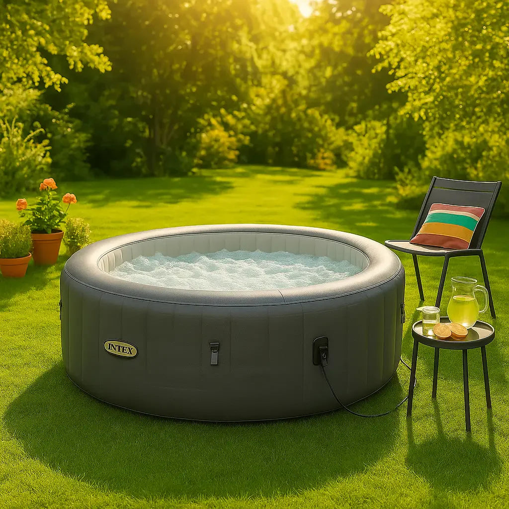 Premium inflatable hot tub bubbling in lush green backyard with vibrant towels, plants, and golden sunlight
