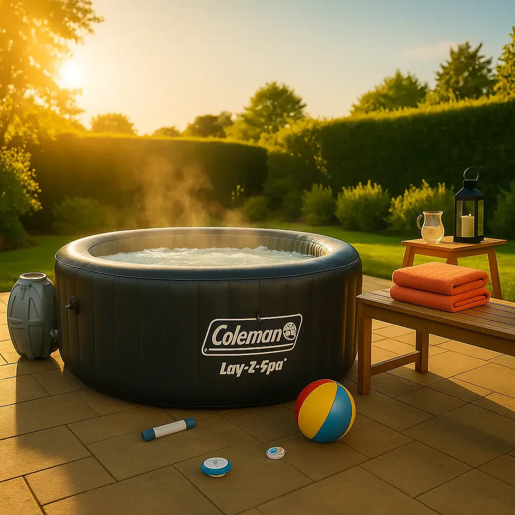 Premium inflatable hot tub bubbling on sunlit stone patio at golden hour with vibrant towels and lush garden