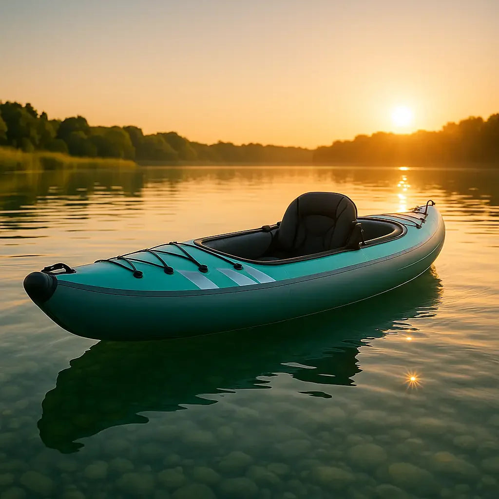 Premium inflatable kayak floats on a crystal-clear lake at golden hour, with vibrant colors and scenic shoreline.