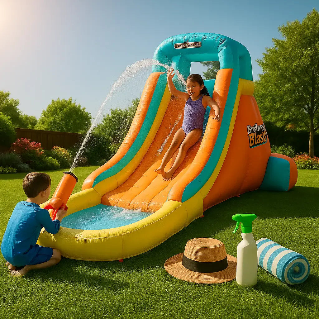 Wide-angle photo of premium inflatable water slide in sunlit backyard with pool and summer props