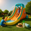 Wide-angle photo of premium inflatable water slide in sunlit backyard with pool and summer props