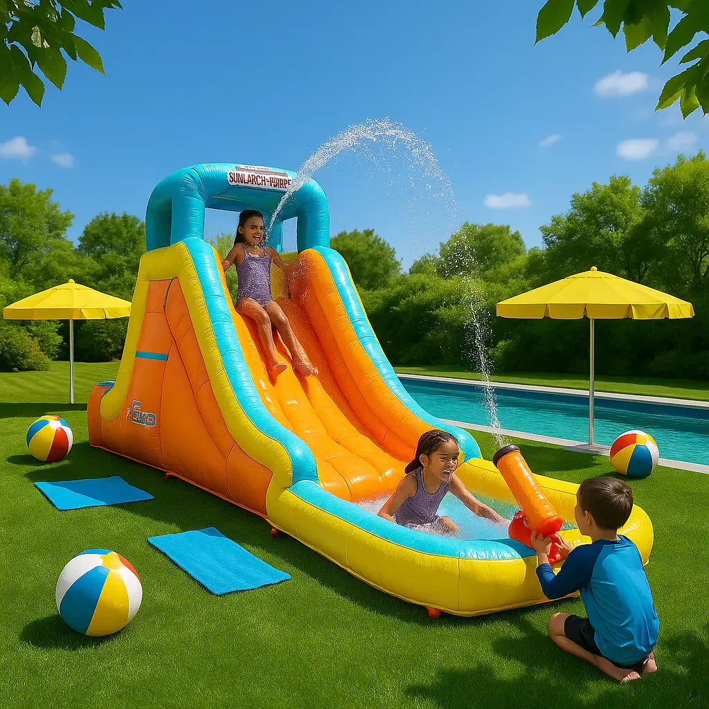 Premium inflatable water slide on lush grass with pool, sun umbrellas, towels, and beach balls in a bright backyard scene
