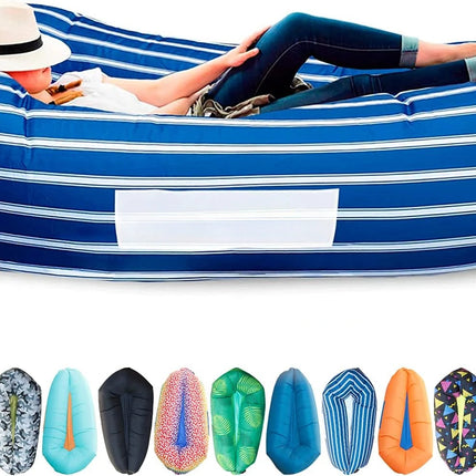 blue stripe inflatable camping lounger 